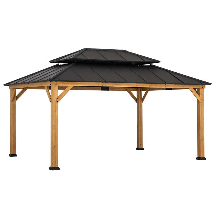 SUNJOY 12x16 Wooden Gazebo with 2-tier Metal Roof and Ceiling Hook - Natural Cedar
