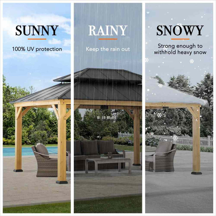 SUNJOY 12x16 Wooden Gazebo with 2-tier Metal Roof and Ceiling Hook - Natural Cedar