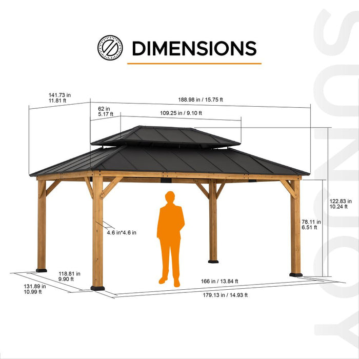 SUNJOY 12x16 Wooden Gazebo with 2-tier Metal Roof and Ceiling Hook - Natural Cedar