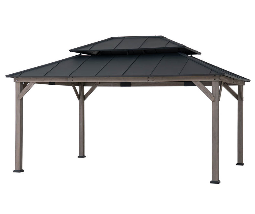 SUNJOY 12x16 Wooden Gazebo with 2-tier Metal Roof and Ceiling Hook - Driftwood Cedar