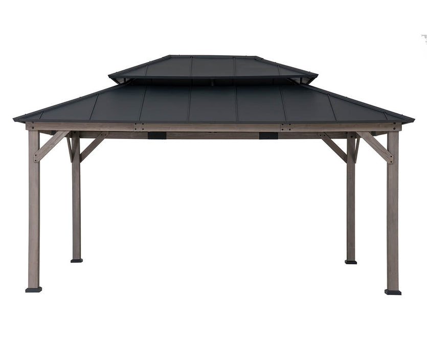 SUNJOY 12x16 Wooden Gazebo with 2-tier Metal Roof and Ceiling Hook - Driftwood Cedar