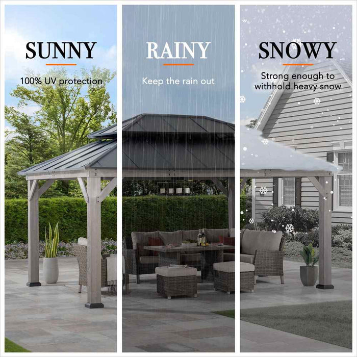 SUNJOY 12x16 Wooden Gazebo with 2-tier Metal Roof and Ceiling Hook - Driftwood Cedar