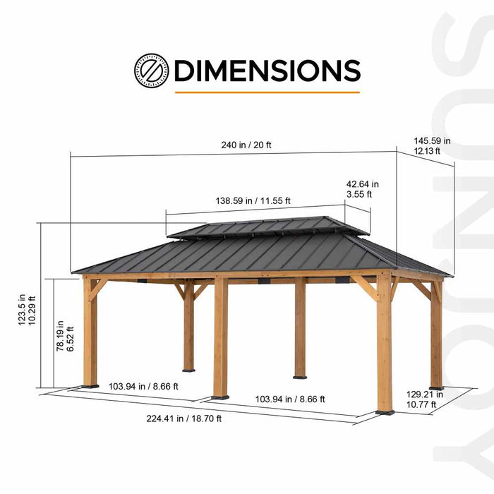 SUNJOY 12x20 Cedar Hardtop Gazebo with 2 Ceiling Hooks - Upgrade Natural Cedar