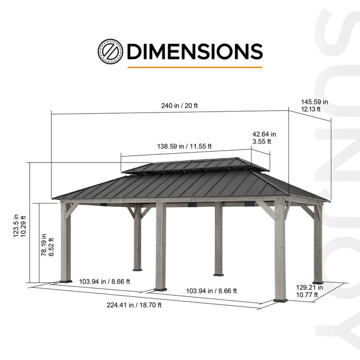 SUNJOY 12x20 Cedar Hardtop Gazebo with 2 Ceiling Hooks - Driftwood Cedar
