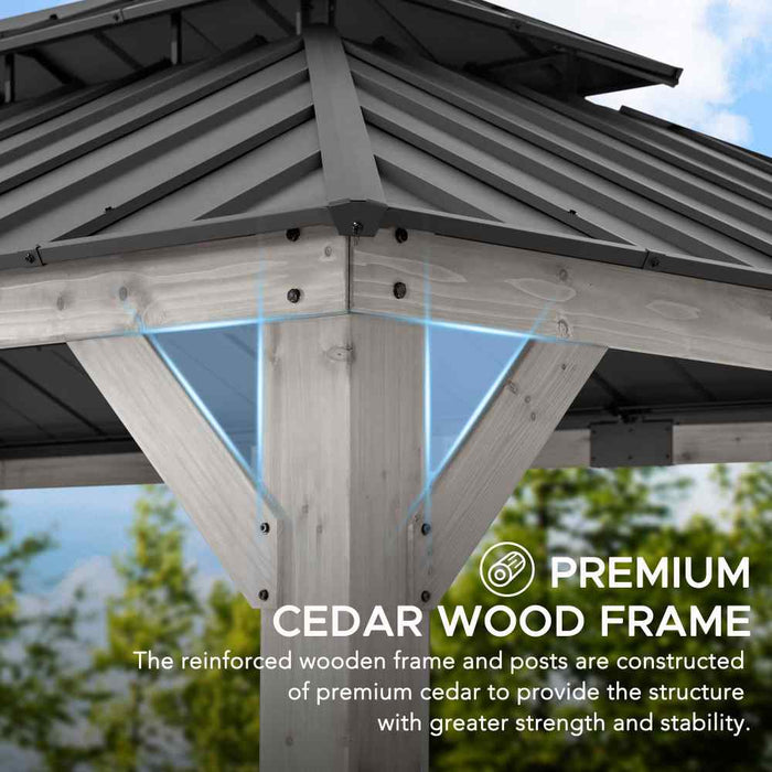 SUNJOY 12x20 Cedar Hardtop Gazebo with 2 Ceiling Hooks - Driftwood Cedar