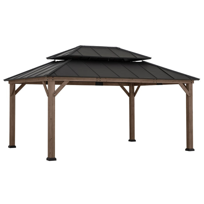 SUNJOY 12x16 Cedar Frame Gazebo with Steel Roof, Netting and Ceiling Hook - Weathered Cedar