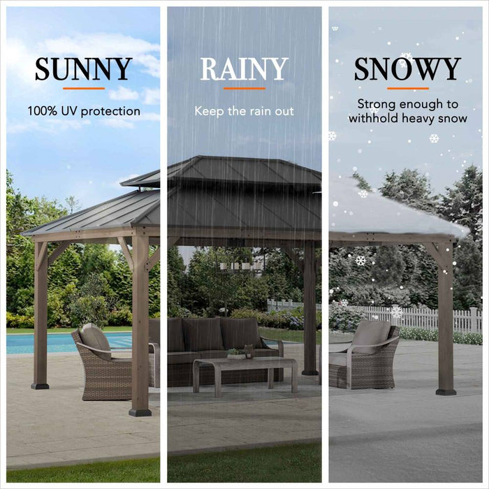 SUNJOY 12x16 Cedar Frame Gazebo with Steel Roof, Netting and Ceiling Hook - Weathered Cedar