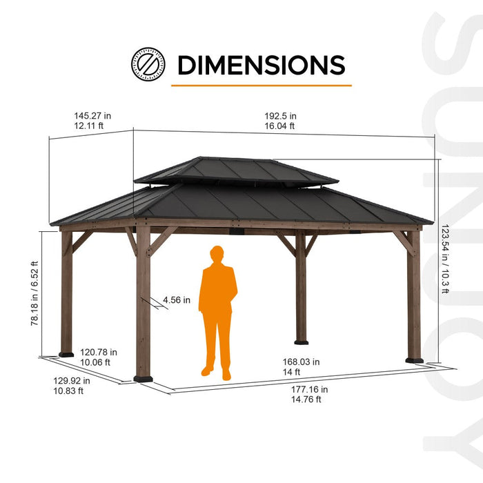 SUNJOY 12x16 Cedar Frame Gazebo with Steel Roof, Netting and Ceiling Hook - Weathered Cedar