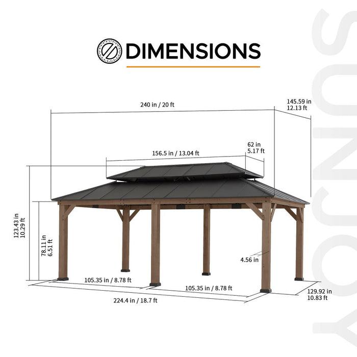 SUNJOY 12x20 Patio Wooden Gazebo with Ceiling Hooks - Weathered Cedar
