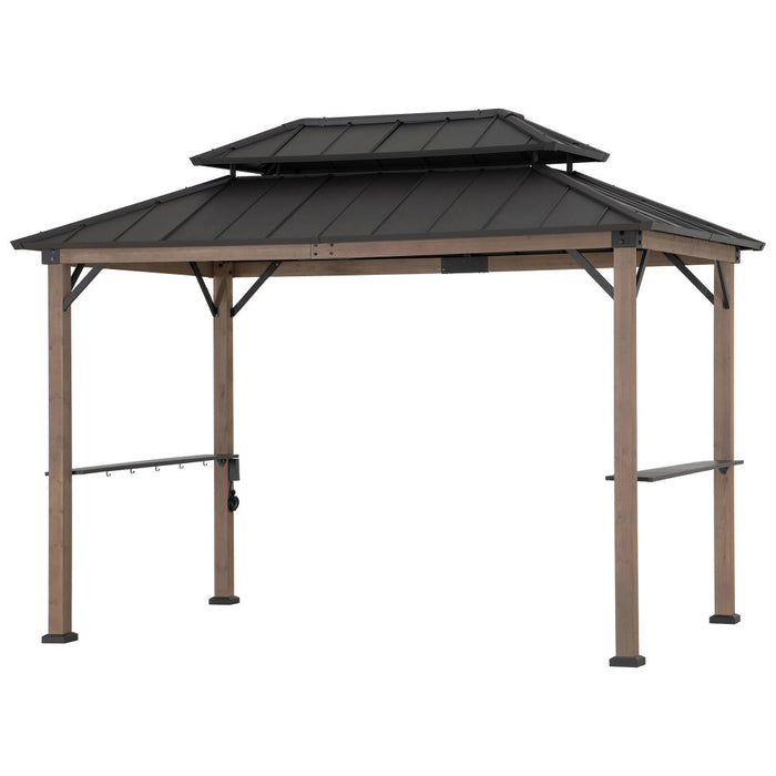 SUNJOY 8x12 Brown Hardtop Grill Gazebo with Electrical Outlets and Shelves