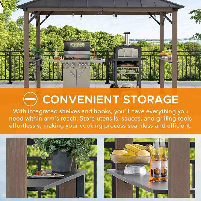 SUNJOY 8x12 Brown Hardtop Grill Gazebo with Electrical Outlets and Shelves