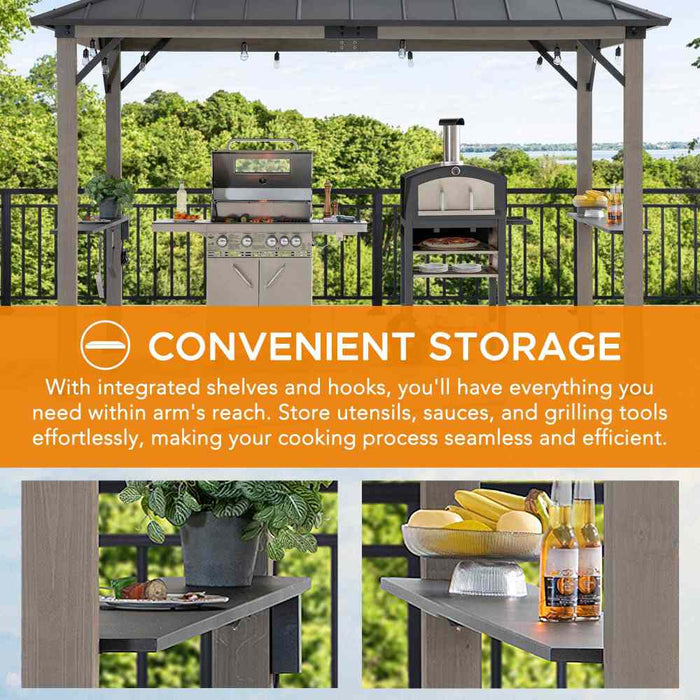 SUNJOY 8x12 Black Hardtop Grill Gazebo with Electrical Outlets and Shelves