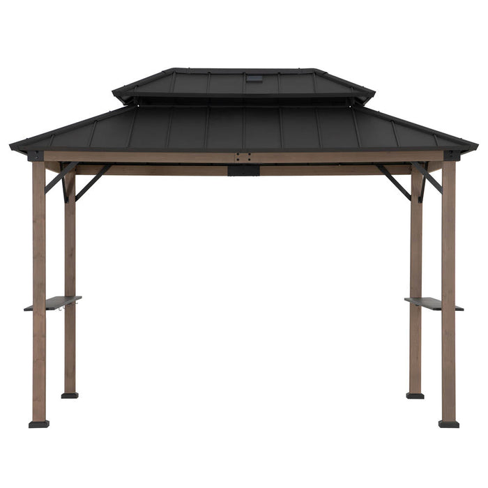 SUNJOY 8x12 Brown Wood Grill Gazebo with Solar Power and Shelves