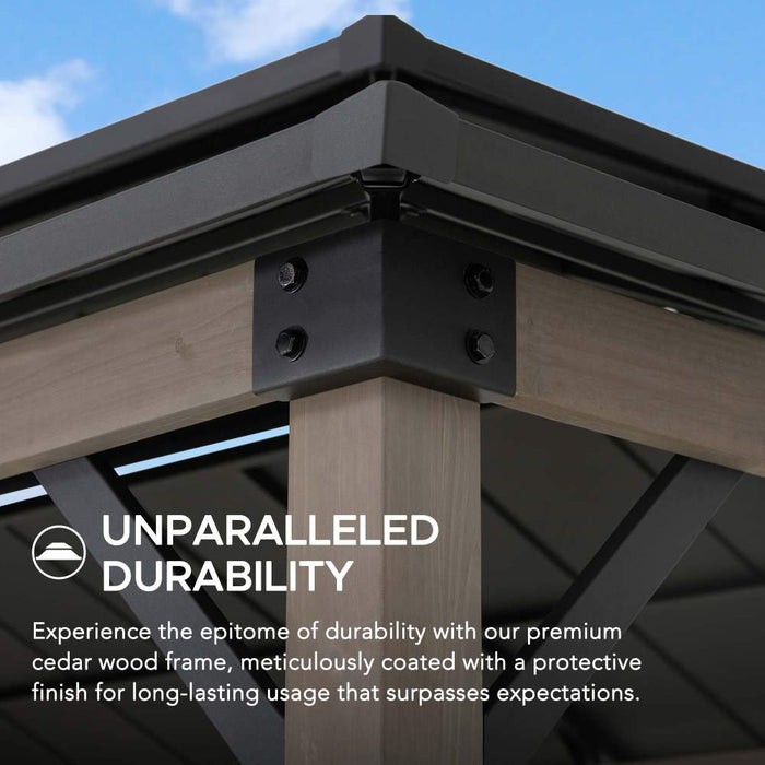 SUNJOY 8x12 Black Wood Grill Gazebo with Solar Power and Shelves