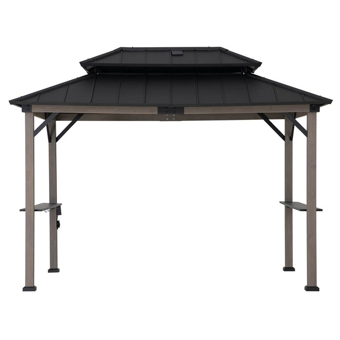 SUNJOY 8x12 Black Wood Grill Gazebo with Solar Power and Shelves