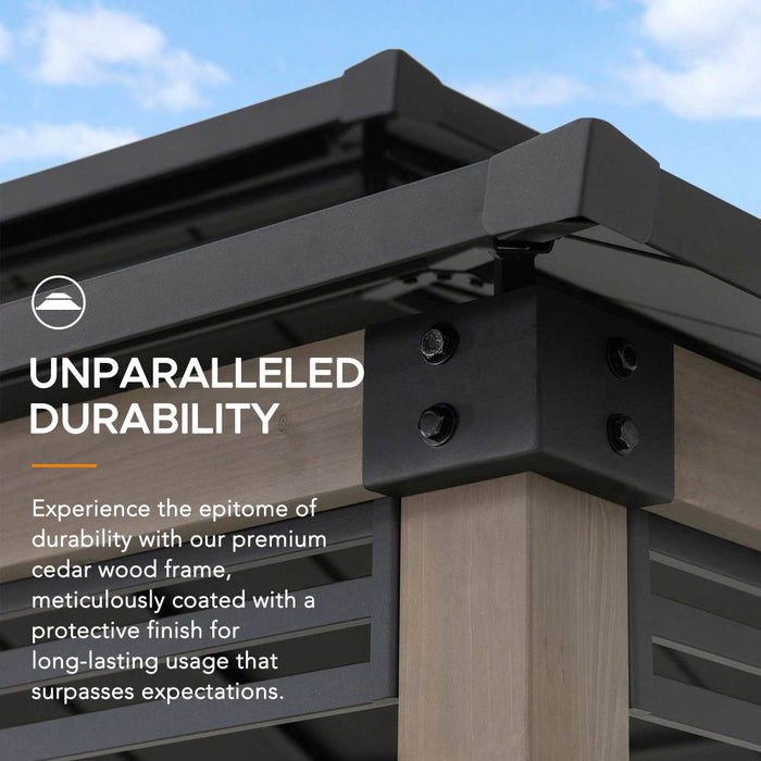 SUNJOY 8x12 Black Hardtop Grill Gazebo with Electrical Outlets, Fence and Shelves