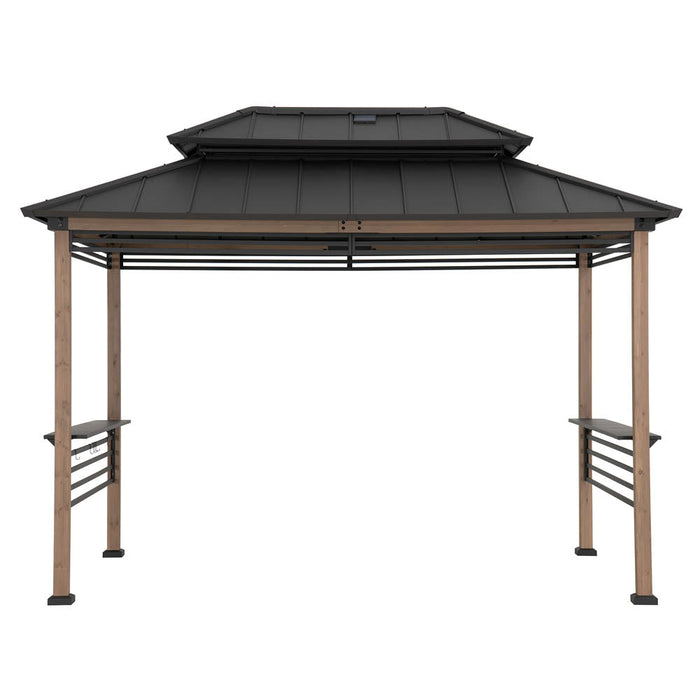 SUNJOY 8x12 Brown Wood Grill Gazebo with Solar Power, Fence and Shelves