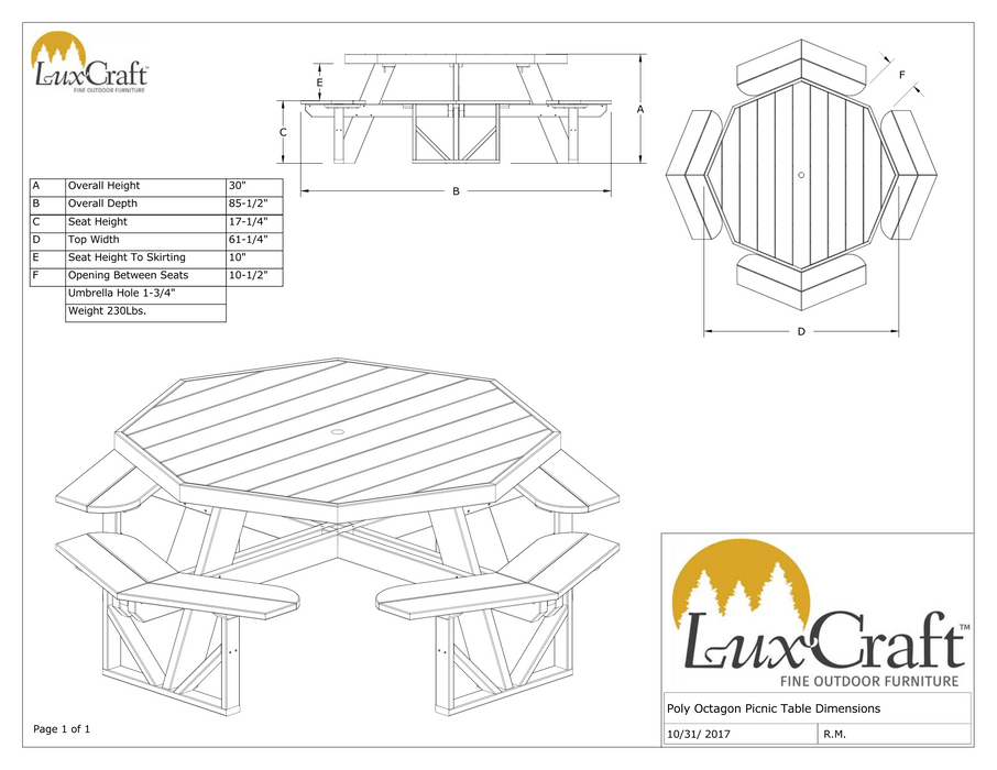LuxCraft Recycled Plastic Octagon Picnic Table - LEAD TIME TO SHIP 3 TO 4 WEEKS