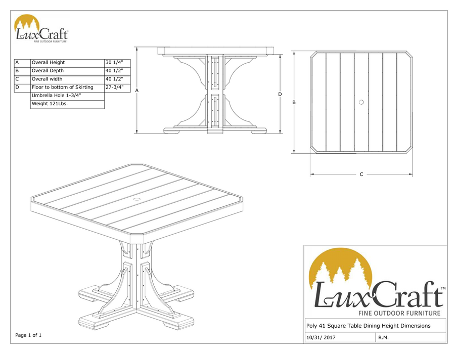 LuxCraft Recycled Plastic 41" Square Table (DINING HEIGHT) - LEAD TIME TO SHIP 3 TO 4 WEEKS