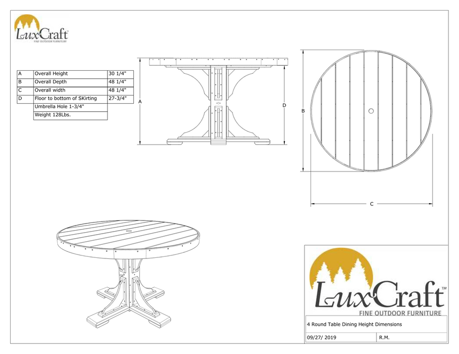 Luxcraft Recycled Plastic 4' Round Table (DINING HEIGHT) - LEAD TIME TO SHIP 3 TO 4 WEEKS