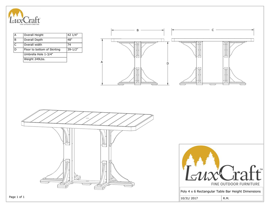LuxCraft Recycled Plastic 4x6' Rectangular Table (BAR HEIGHT) - LEAD TIME TO SHIP 3 TO 4 WEEKS
