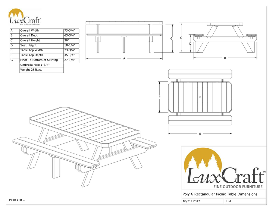 LuxCraft Recycled Plastic 6' Dining Height Rectangular Picnic Table - LEAD TIME TO SHIP 3 TO 4 WEEKS