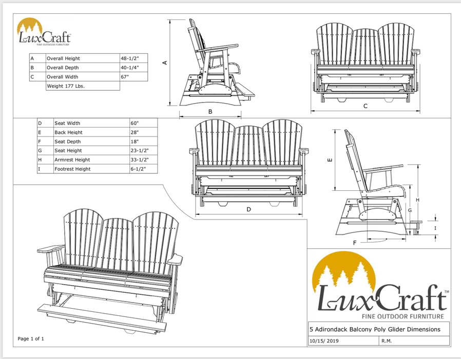 LuxCraft Counter Height Recycled Plastic 5' Adirondack Balcony Glider  - LEAD TIME TO SHIP 7 BUSINESS DAYS OR LESS
