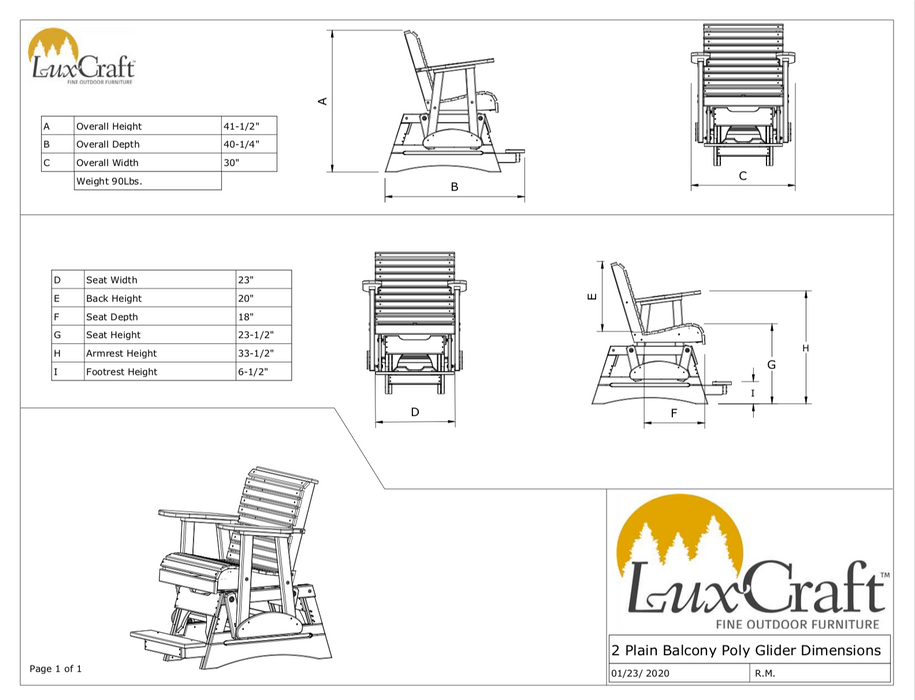 LuxCraft Recycled Plastic Counter Height 2' Plain Rollback Balcony Glider  - LEAD TIME TO SHIP 7 BUSINESS DAYS OR LESS