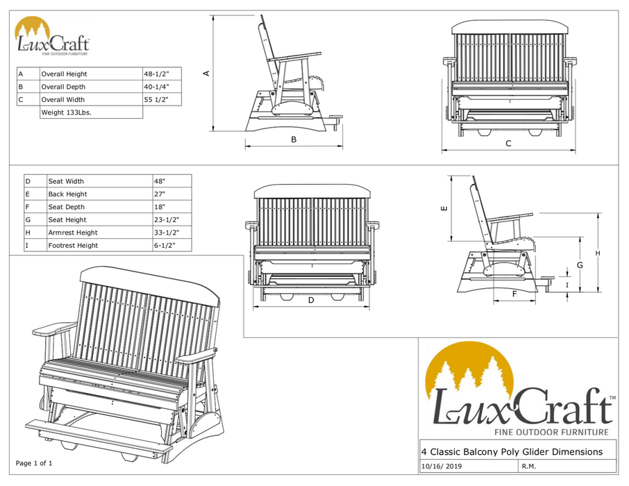 LuxCraft Counter Height Recycled Plastic 4' Classic Balcony Glider  - LEAD TIME TO SHIP7 BUSINESS DAYS OR LESS