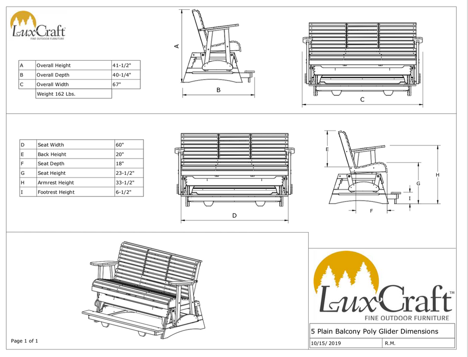 LuxCraft Counter Height Recycled Plastic 5' Plain Balcony Glider  - LEAD TIME TO SHIP 7 BUSINESS DAYS OR LESS