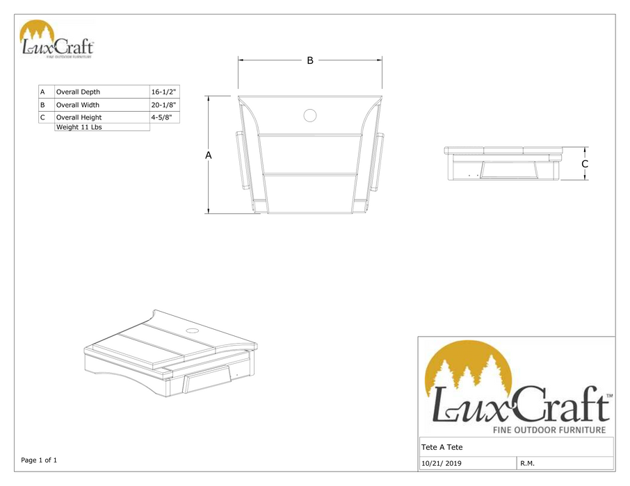 LuxCraft Recycled Plastic Balcony Chair Tete-a-Tete Connecting Table ONLY  (chairs sold separately)  - LEAD TIME TO SHIP 7 BUSINESS DAYS OR LESS